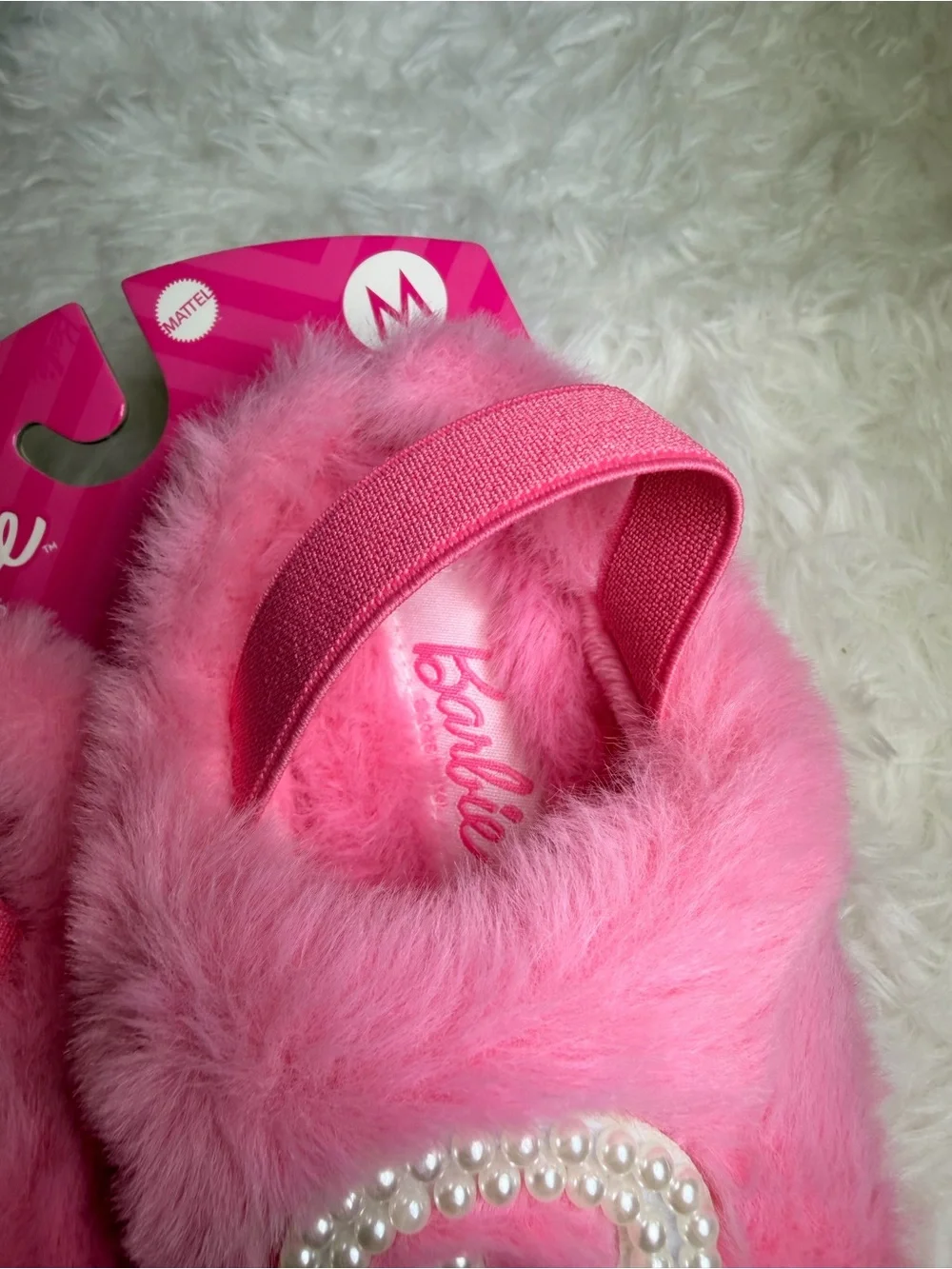 Girls Pink Faux-Fur Pearl Embellished Slip-On Slippers